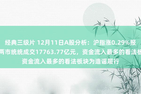 经典三级片 12月11日A股分析：沪指涨0.29%报3432.49点，两市统统成交17763.77亿元，资金流入最多的看法板块为造谣履行